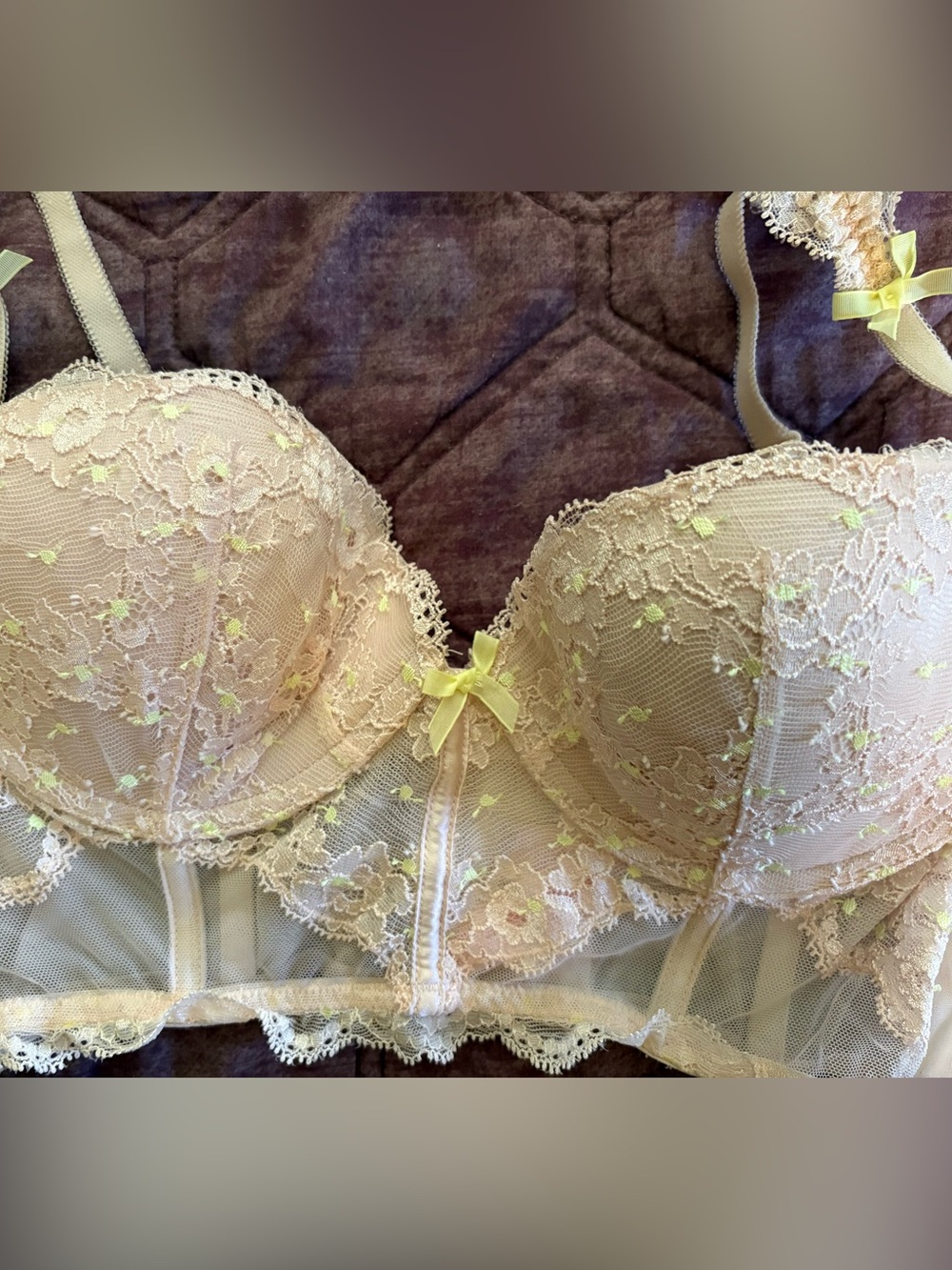 Victoria's Secret Cream Lace Longline Bra with Yellow Details